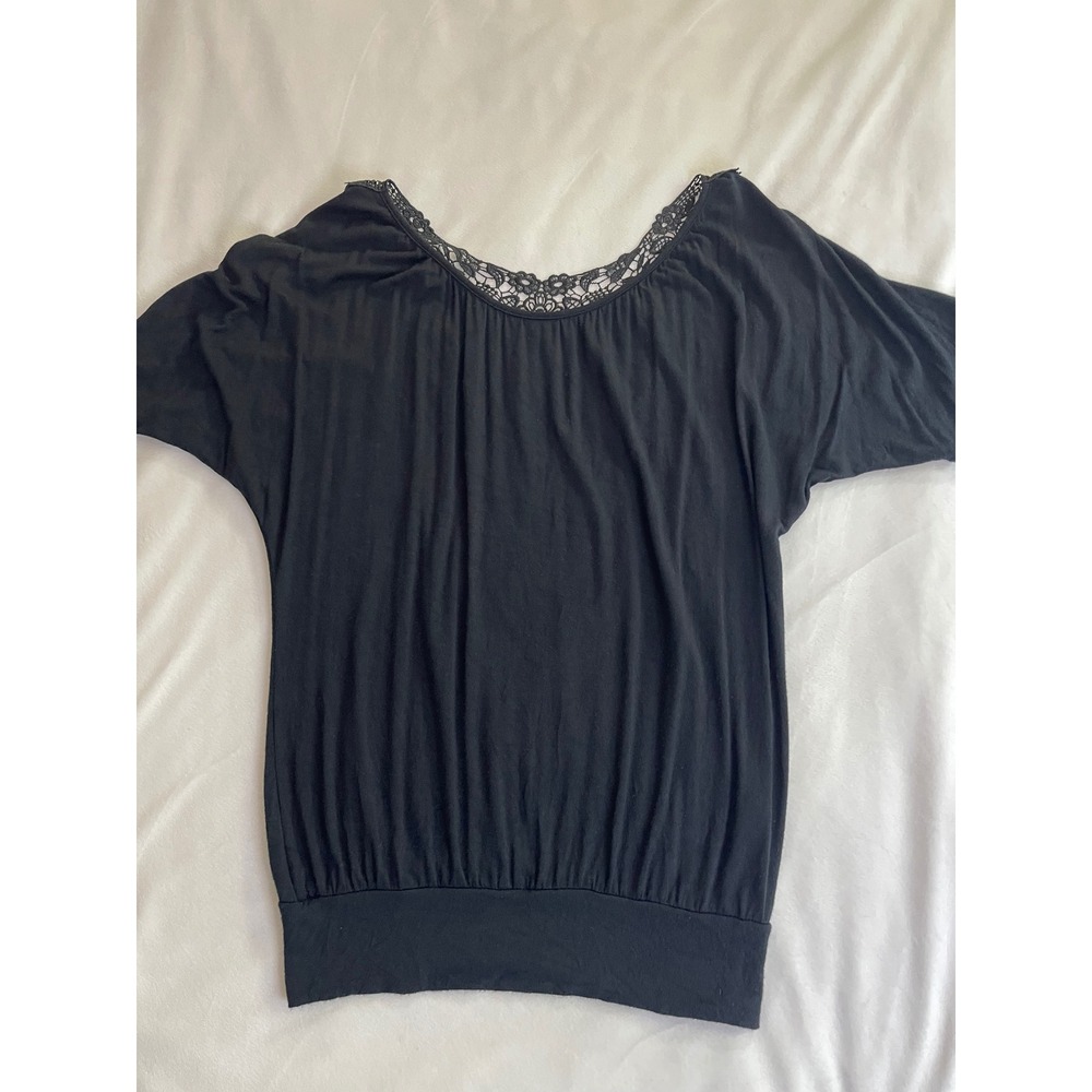 Queen Esther Black Crochet Lace Back Dolman Sleeve Banded Hem Blouse Top XS
